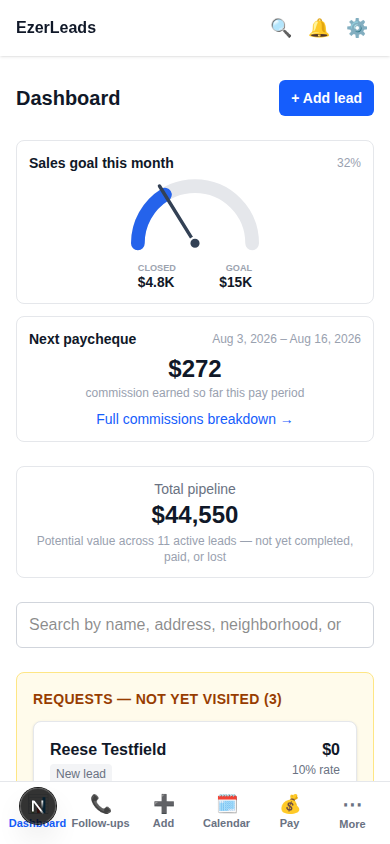 The EzerLeads Dashboard, showing the sales goal gauge, next paycheque, and total pipeline value