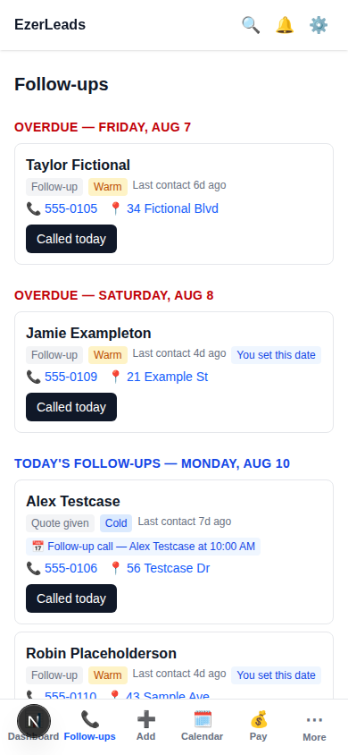 The Follow-ups screen, grouped into overdue and today's follow-ups with a Called today button