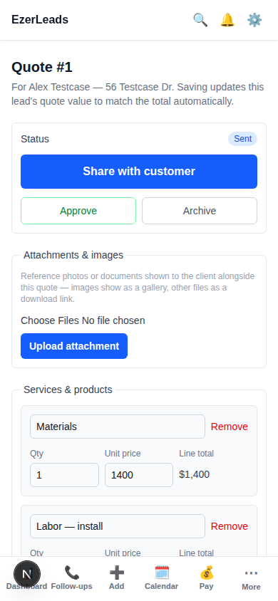 The itemized Quote builder, showing line items, totals, and a Share with customer button